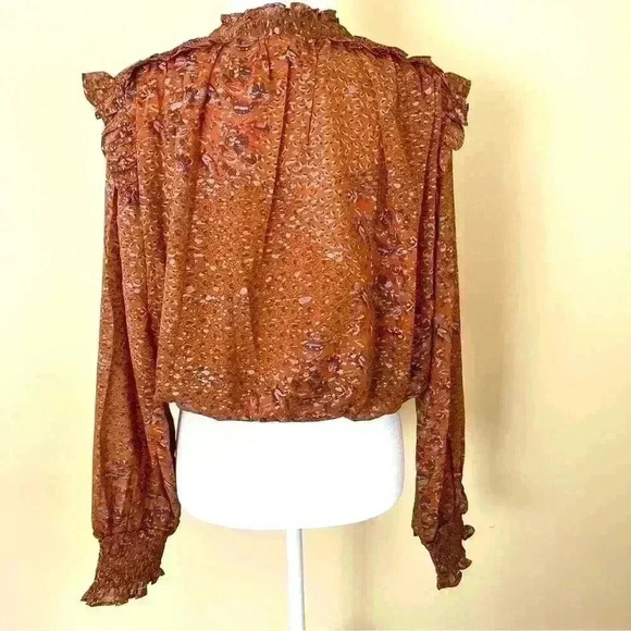 NWT Elan Orange Peasant Boho Tie Neck Long Sleeve Elastic Waist Crop Top Size M - Picture 9 of 13